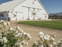 a white barn in a large field surrounded by flowers and greenery at the end of a driveway