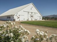 a white barn in a large field surrounded by flowers and greenery at the end of a driveway