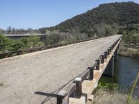 a view from a bridge overlooking trees and a mountain range of hills behind a bridge