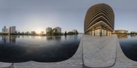 three views of the art and architecture buildings along a river near a city in asia