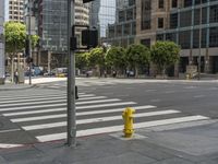 a yellow fire hydrant sitting on the side of a street near a crosswalk