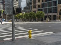 a yellow fire hydrant sitting on the side of a street near a crosswalk