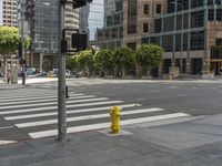 a yellow fire hydrant sitting on the side of a street near a crosswalk