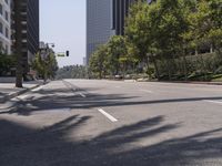 an empty street with tall buildings in the background and trees on both sides of the road