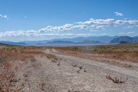 dirt road in an arid field with mountains in background at daytime with cloudy blue skies