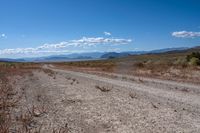 dirt road in an arid field with mountains in background at daytime with cloudy blue skies