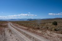 dirt road in an arid field with mountains in background at daytime with cloudy blue skies