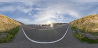 two panorama images of a straight road in a mountainous area with a sun shining on a small hill