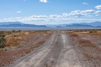 dirt road on flat plain with mountains in background and sparse grass to the side for vehicles