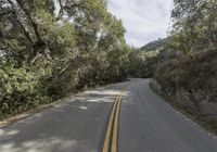 a highway with trees lining both sides and a man on the sidewalk looking down at him