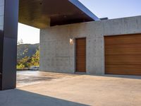 garage door and garage floor with trees in the distance next to it, and mountain views