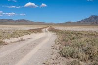 a dirt road running through a dry grassy field with a blue sky and mountains in the background