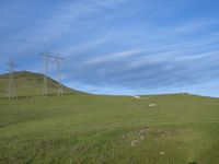 a farm with power lines above it on a grassy hill under blue skies and a power line in the distance