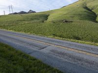 a horse is grazing on the side of the road in the hills side view of grass