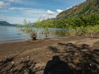 a person is standing in front of a lake on a sunny day, shadowing against the water and mountains