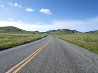 a road that has lines in the middle and mountains on both sides behind it, and blue skies above the horizon