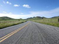 a road that has lines in the middle and mountains on both sides behind it, and blue skies above the horizon