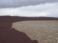 the ground is cracked and barren in a desert area with a few rocks at it