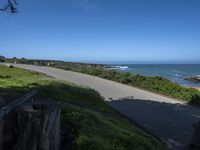 a person riding a bike on a narrow road near the ocean in the sun with a dog