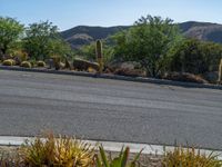 this is a view of the street that goes down to the mountains at dusk from across the street