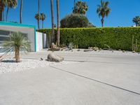 a planter and rocks are in the driveway by a green hedge and a white stucco house