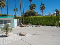 a planter and rocks are in the driveway by a green hedge and a white stucco house