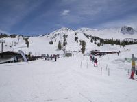 the group of people are on the slope outside of the lodge on the mountain with skis and snowboards