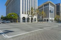 a car passes in front of some buildings on a city street with palm trees on the sidewalk