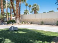 a stone that looks like a rock sits by the curb of a driveway in palm springs