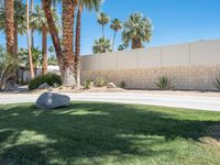 a stone that looks like a rock sits by the curb of a driveway in palm springs