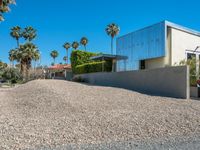 an empty driveway leading into a home with palm trees in the background, and a concrete wall in front of it