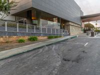 a grey fire hydrant stands on an empty street in front of a building with modern design