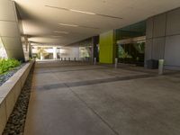 the walkway leading to a modern office building with several planters next to it and a skylight