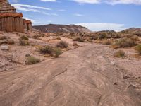 the dirt is brown and empty, as the grass stands out against the rock formations