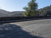 a man is riding a skateboard on a concrete wall with trees in the background