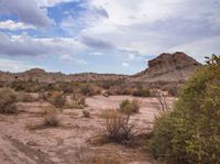 a dirt field with a rocky outcropping and plants in the background with rocks in the distance