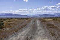 an empty dirt road winding through a vast barren field in the desert with mountains in the distance