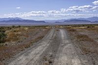 an empty dirt road winding through a vast barren field in the desert with mountains in the distance