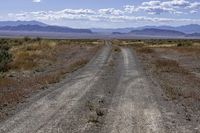 an empty dirt road winding through a vast barren field in the desert with mountains in the distance