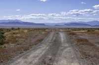 an empty dirt road winding through a vast barren field in the desert with mountains in the distance