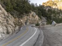 the road is curving past a steep cliff side and green pine trees grow on both sides