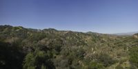 a wide view of some hills and trees in the mountains with blue sky in the background