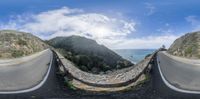 two distorted images show a road in a mountainous area, next to the ocean and hills