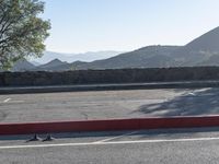 two birds walk on the asphalt in a parking lot with mountains in the background behind them