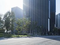 a person walking down a deserted city street with skyscrapers in the background in the daytime