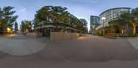 the same photo is a street view with trees around it and buildings on the other side