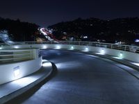 a person on a skateboard performs stunts on a bridge in the dark night with lights on