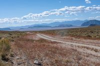 a dirt road passing through the desert under a partly cloudy sky with mountains behind it