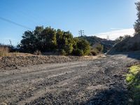 an empty dirt road with green brush and bushes in the background, and blue sky above