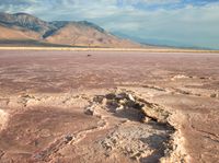 the vast expanse is covered by very pink rocks and sand the mountains appear to be in the distance